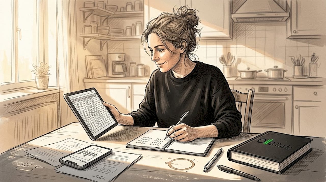 Woman reviewing trading plan at kitchen table