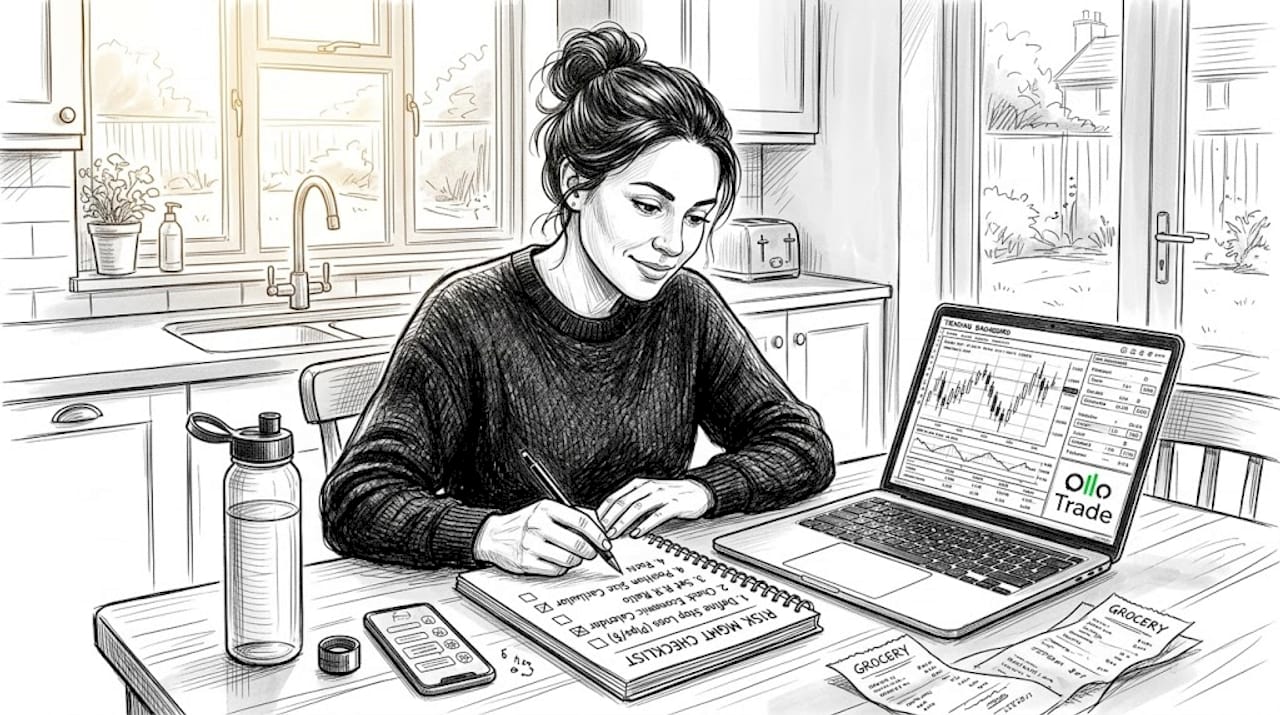 Woman reviewing trading risk checklist at kitchen table