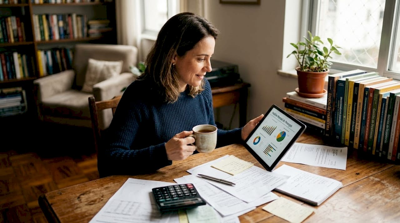 Mulher analisando gráficos de ETFs no conforto de casa
