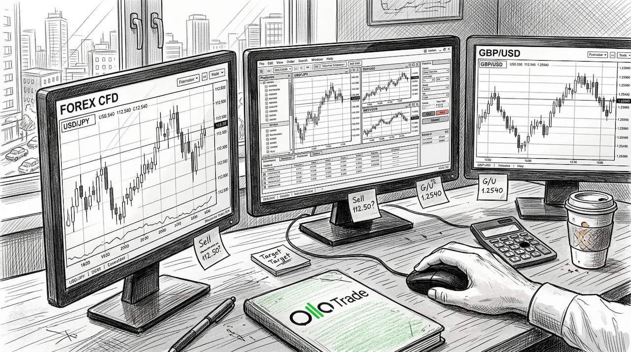 Closeup of CFD trading setup with monitors