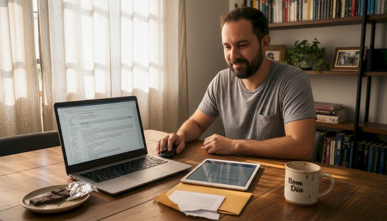 Homem conferindo documentos digitalizados no notebook