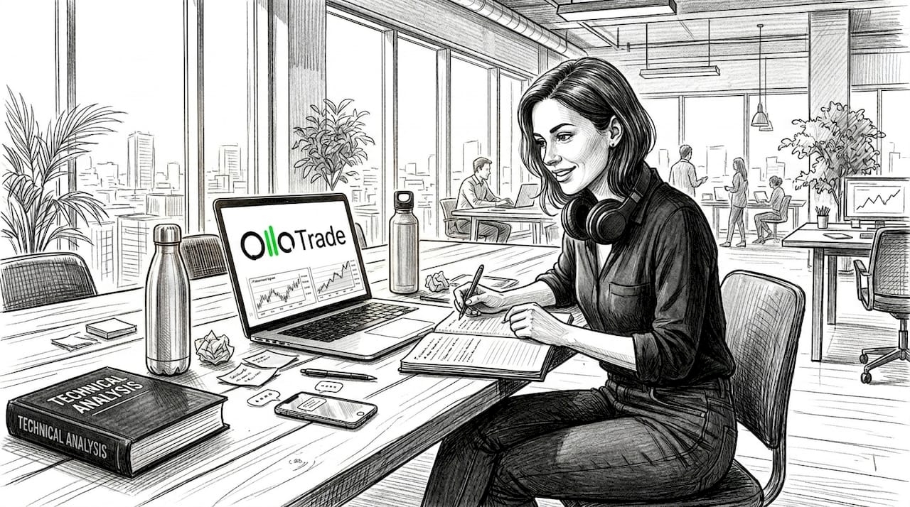 Woman using advanced trading platform in coworking space