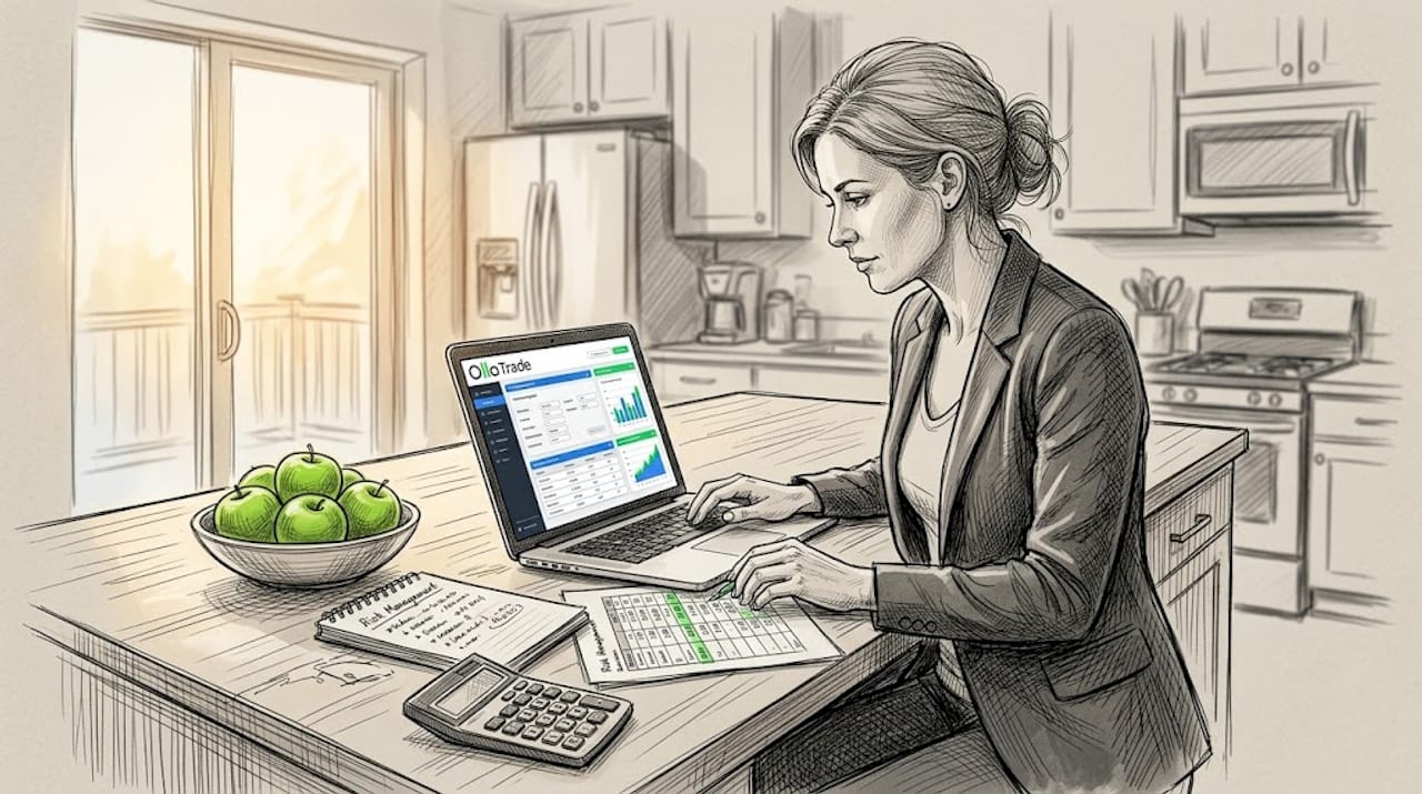 Woman calculating forex risk at kitchen workspace