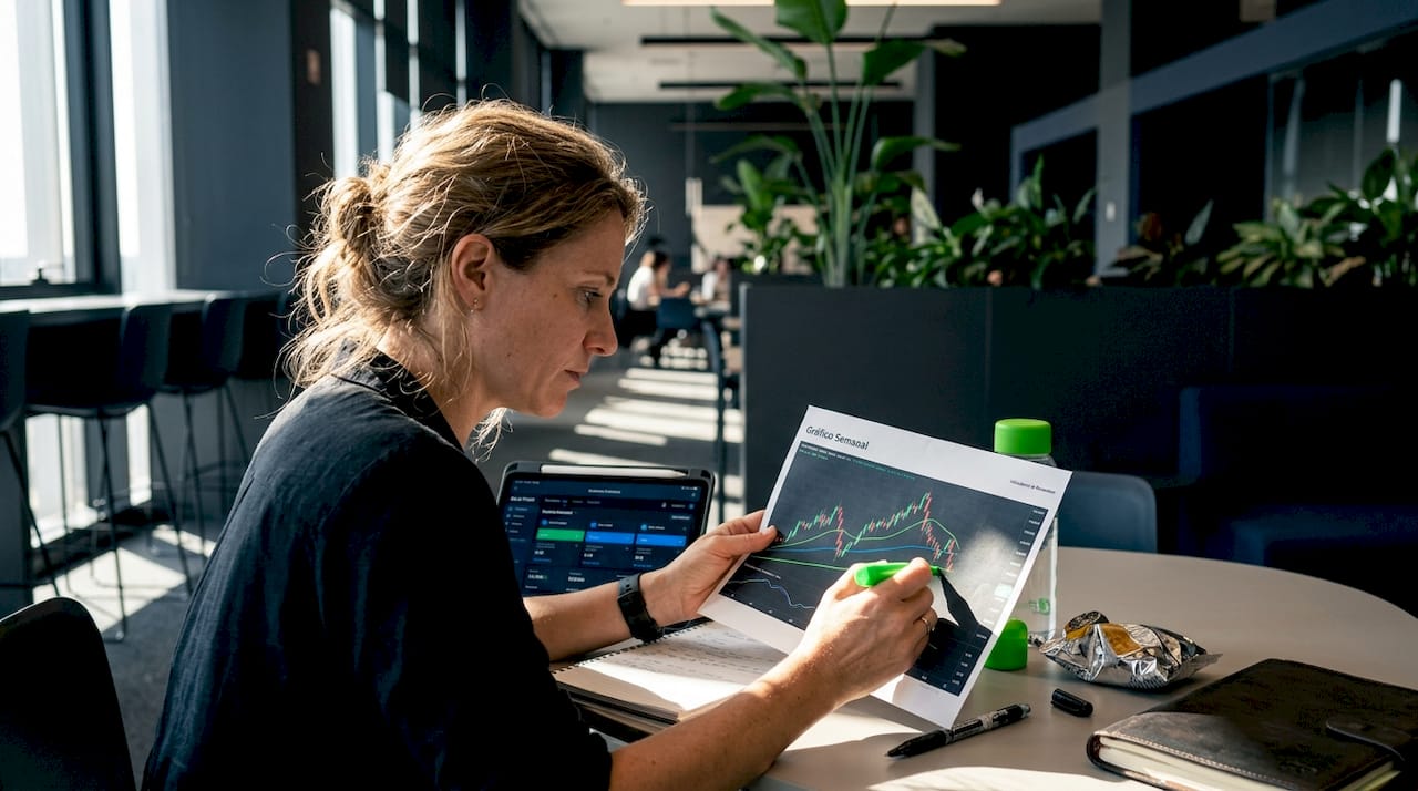 Mulher analisa sinais de médias móveis em gráficos