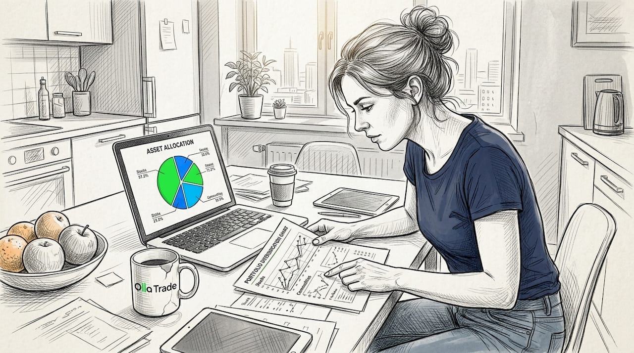 Woman reviewing diversified portfolio at kitchen table