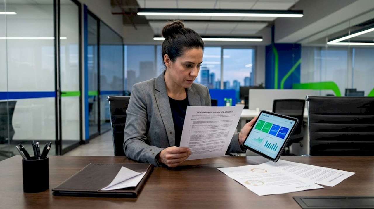 Profissional analisando contratos futuros em uma reunião na empresa