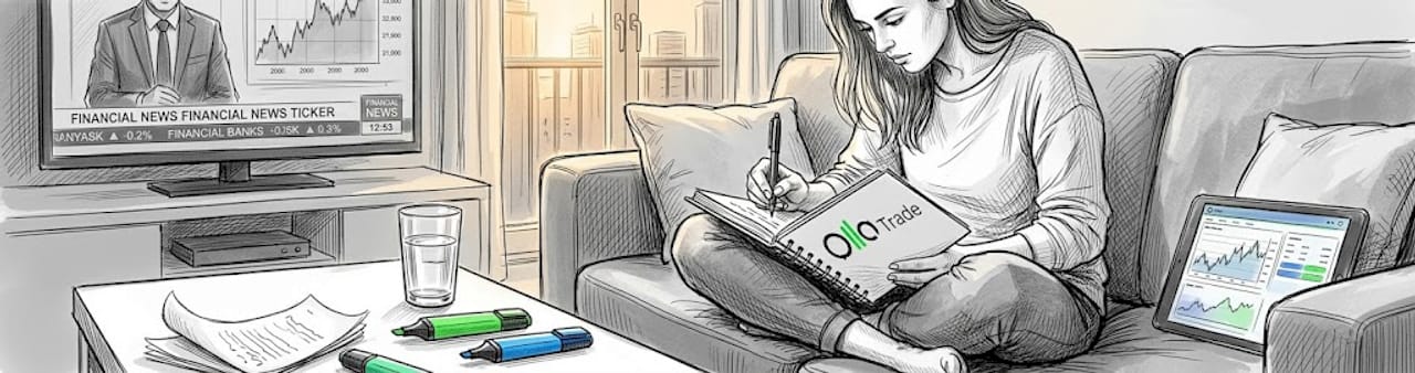 Woman reviewing trading journal on couch