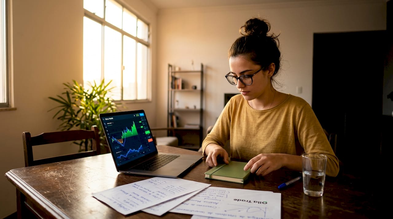 Jovem analisando diferentes possibilidades de investimento sentada à mesa