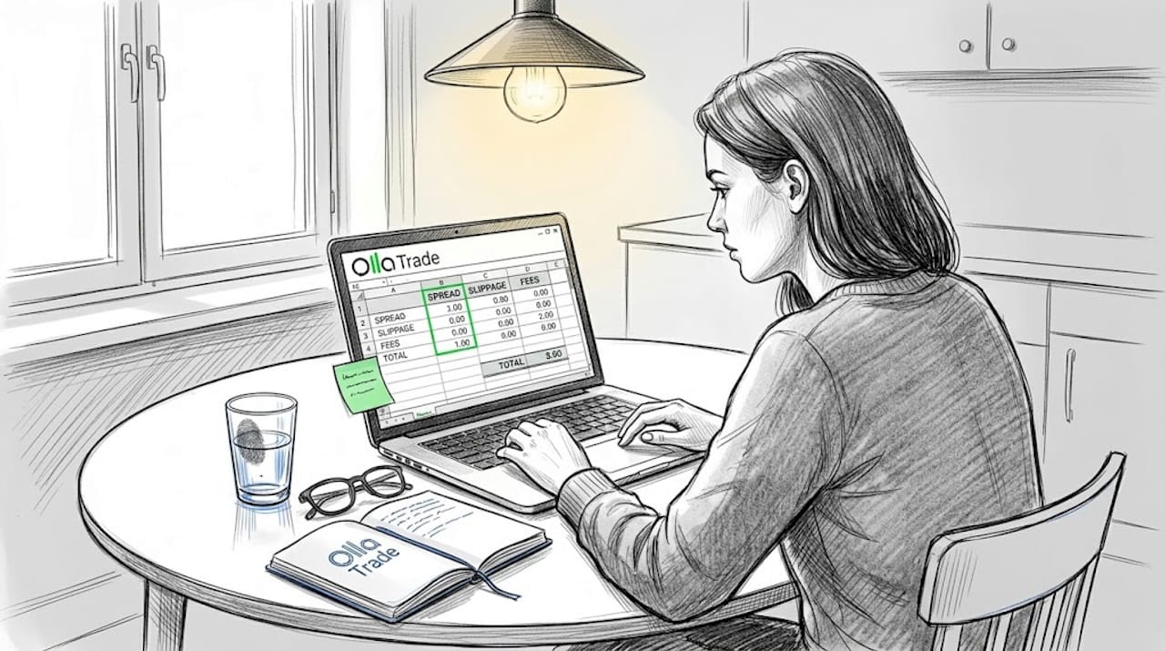 Person reviews trading costs breakdown on laptop