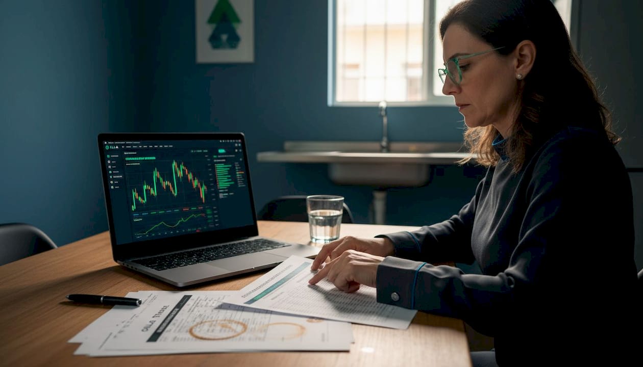Mulher analisando planilha de gestão de riscos