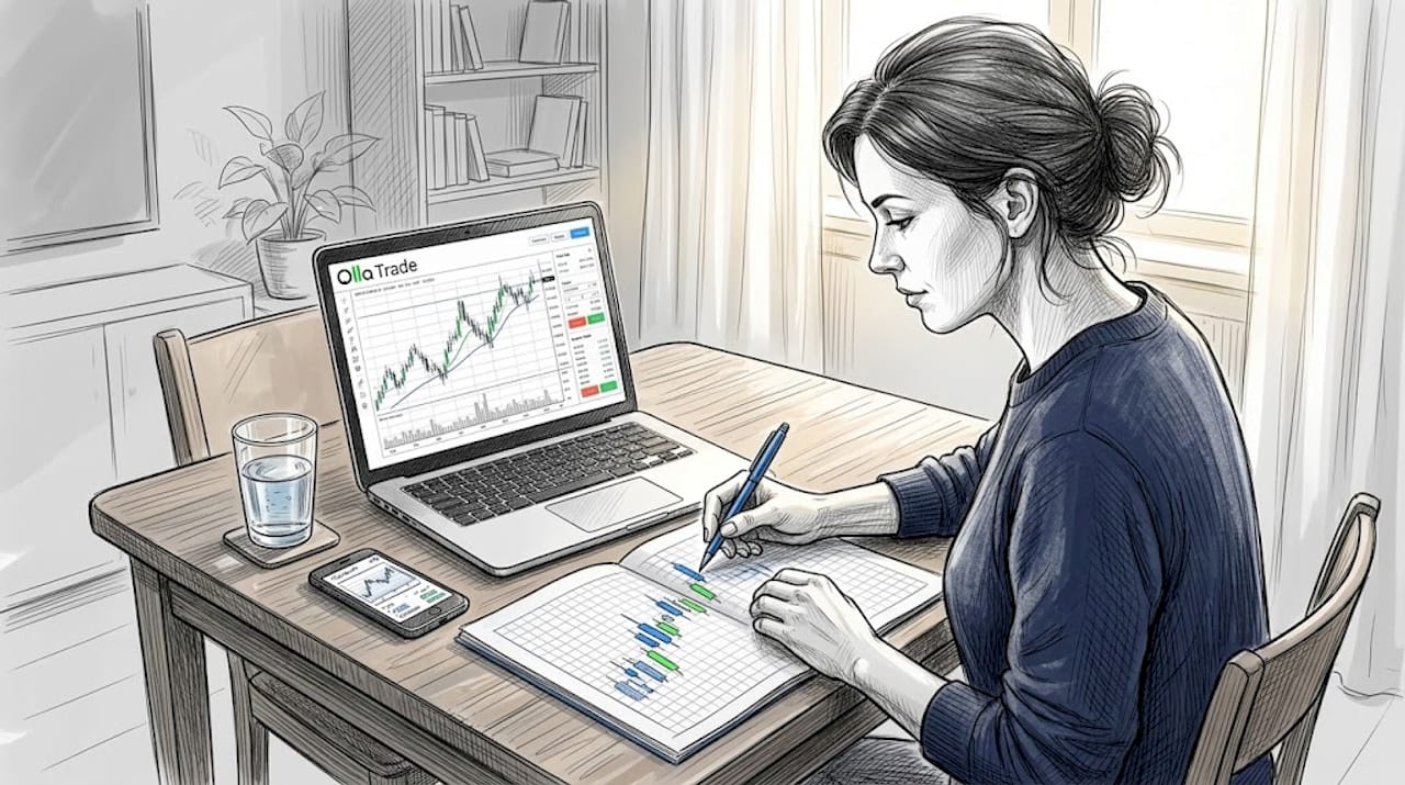Woman drawing candlestick chart at dining table