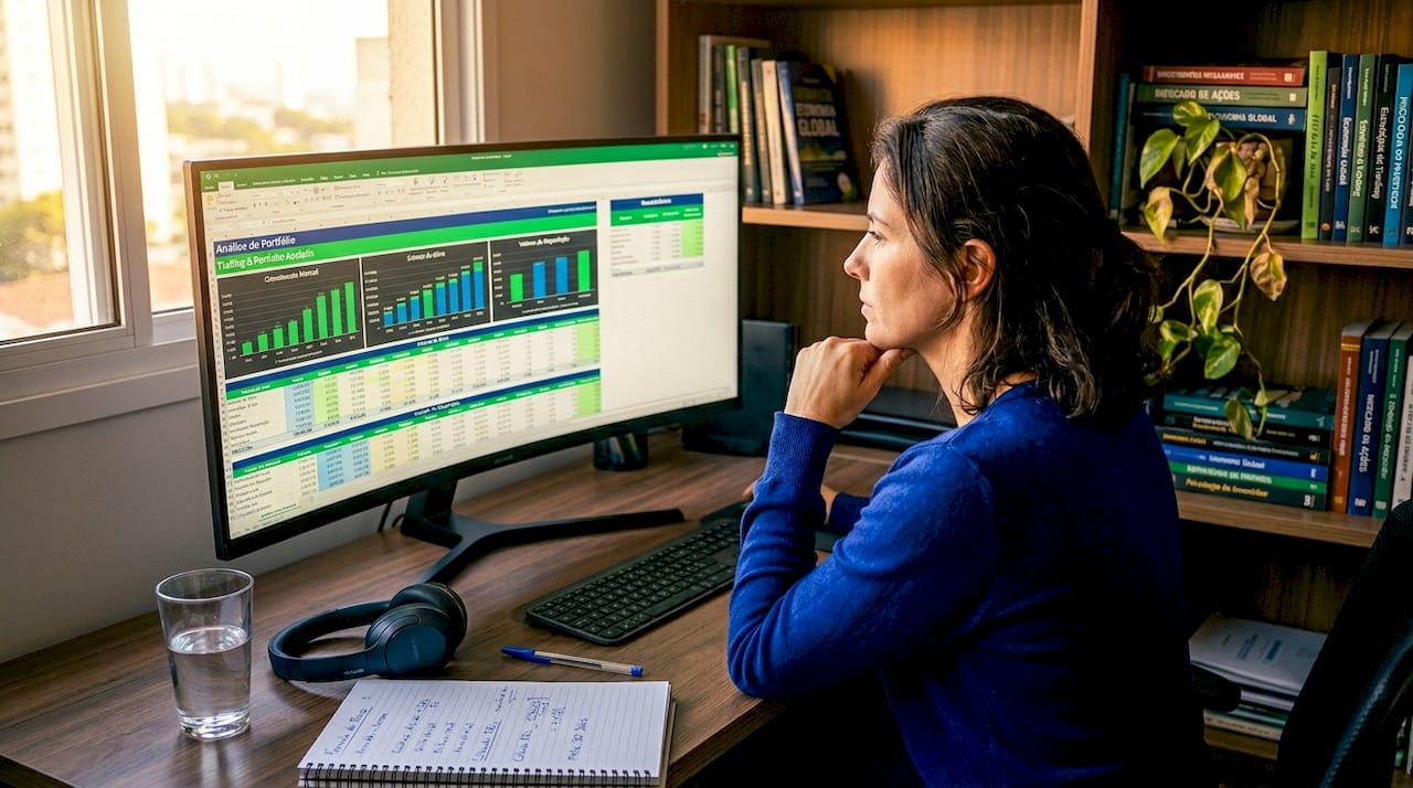 Trader analisando o desempenho das operações na planilha, no conforto de casa