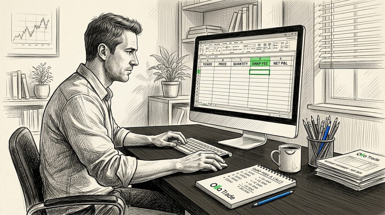 Trader reviewing swap costs in home office