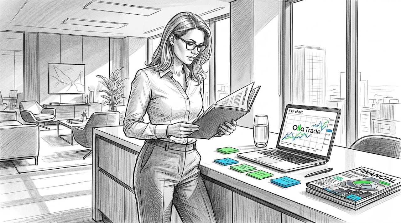 Woman reviews stock paperwork in kitchen workspace