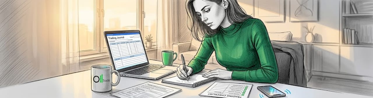 Woman recording trading habits in journal