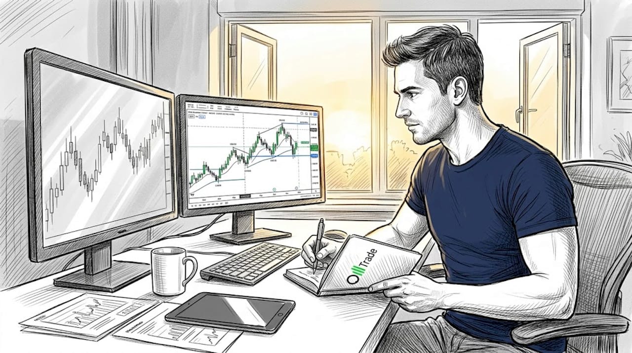 Trader updating journal at dual-monitor setup