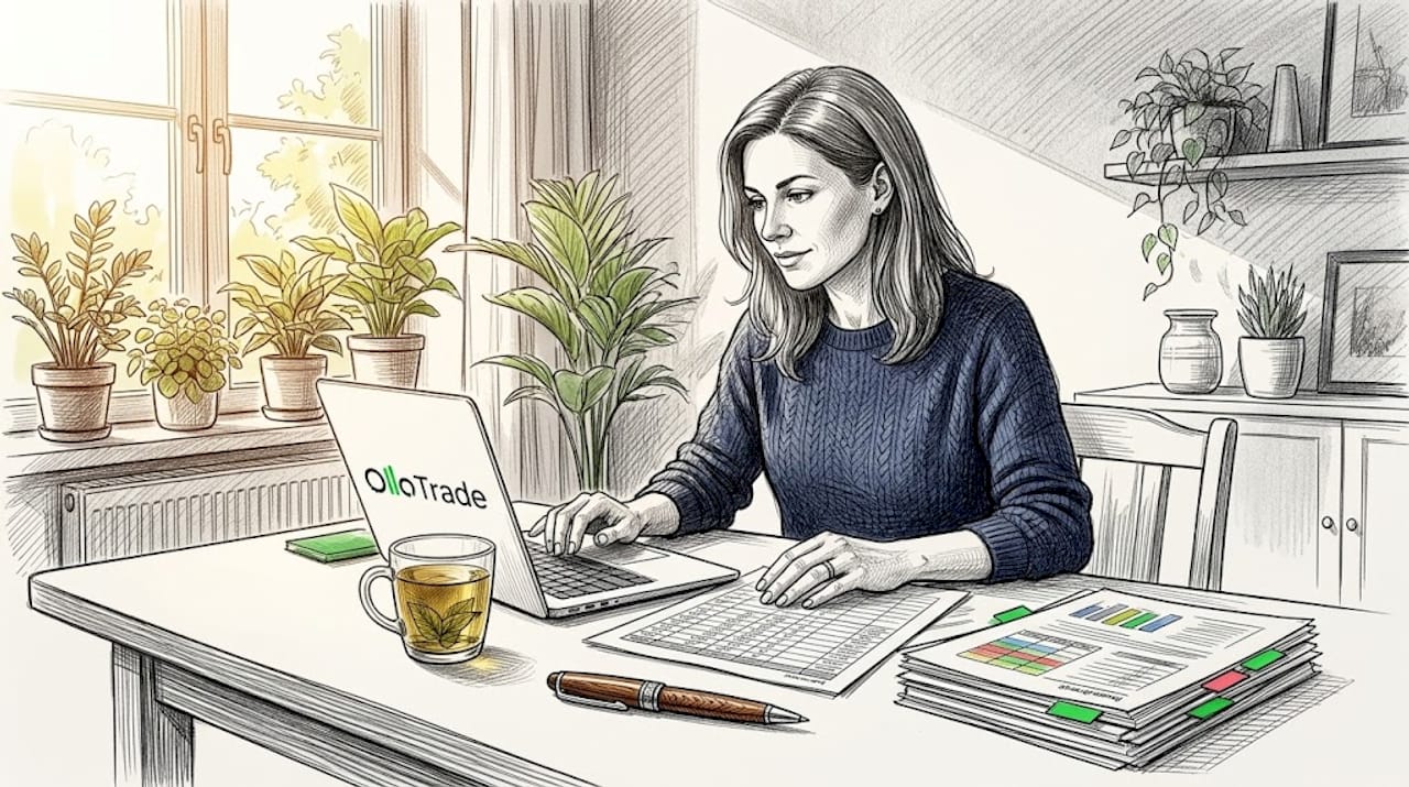 Woman cross-checking data at kitchen table