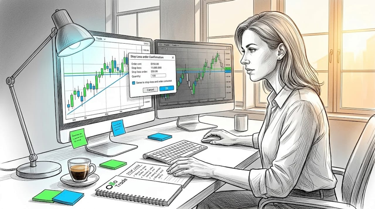 Woman setting stop-loss order in home office