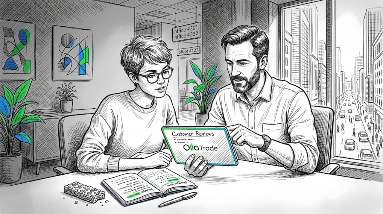 Colleagues reading customer reviews in meeting room