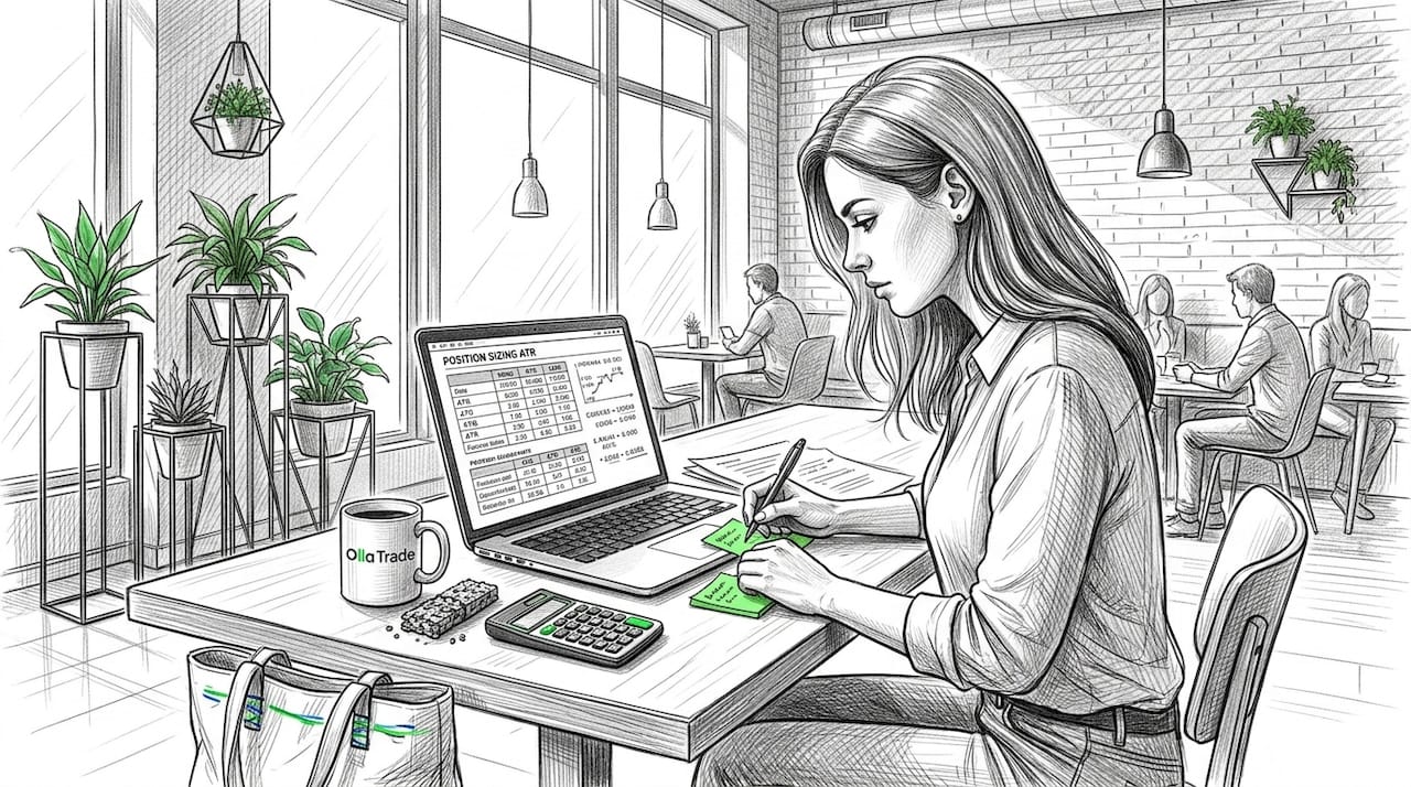 Woman calculating position sizing at table