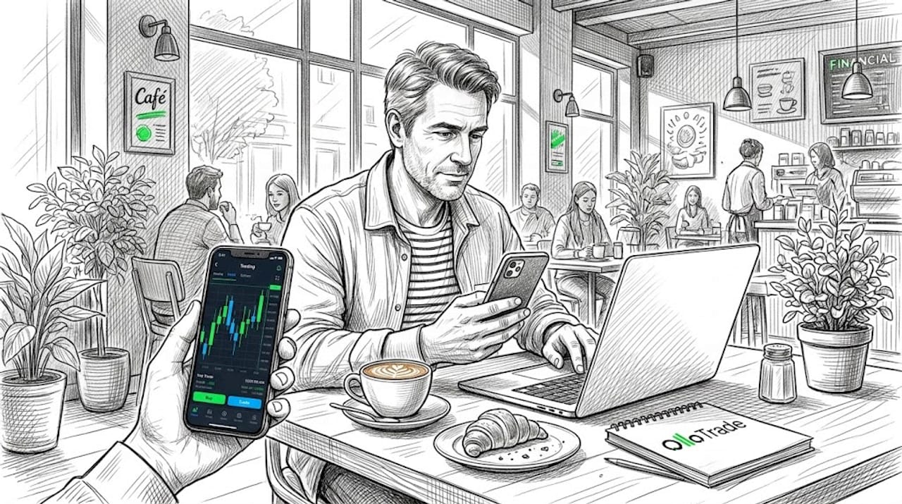 Man checks trading app in café setting