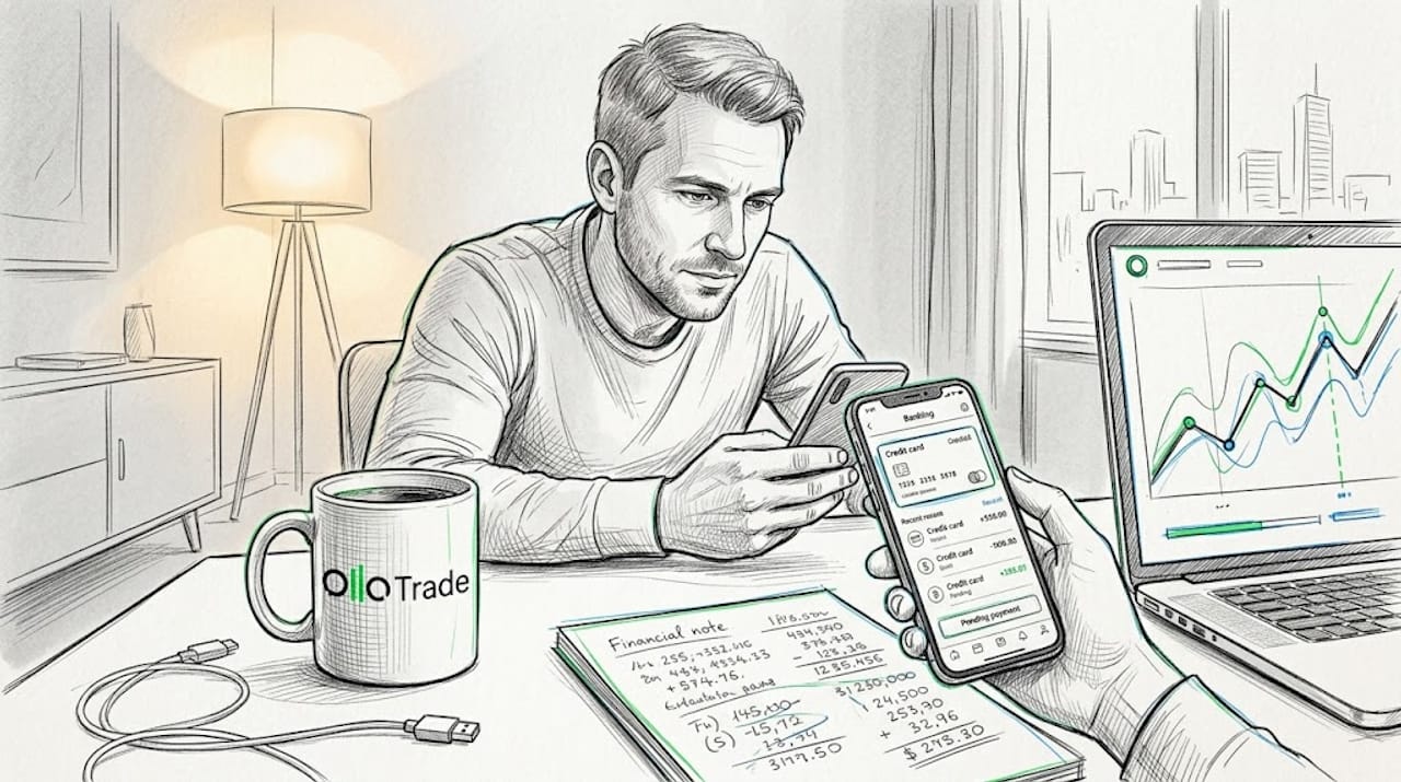 Trader reviewing card payment timing at home desk