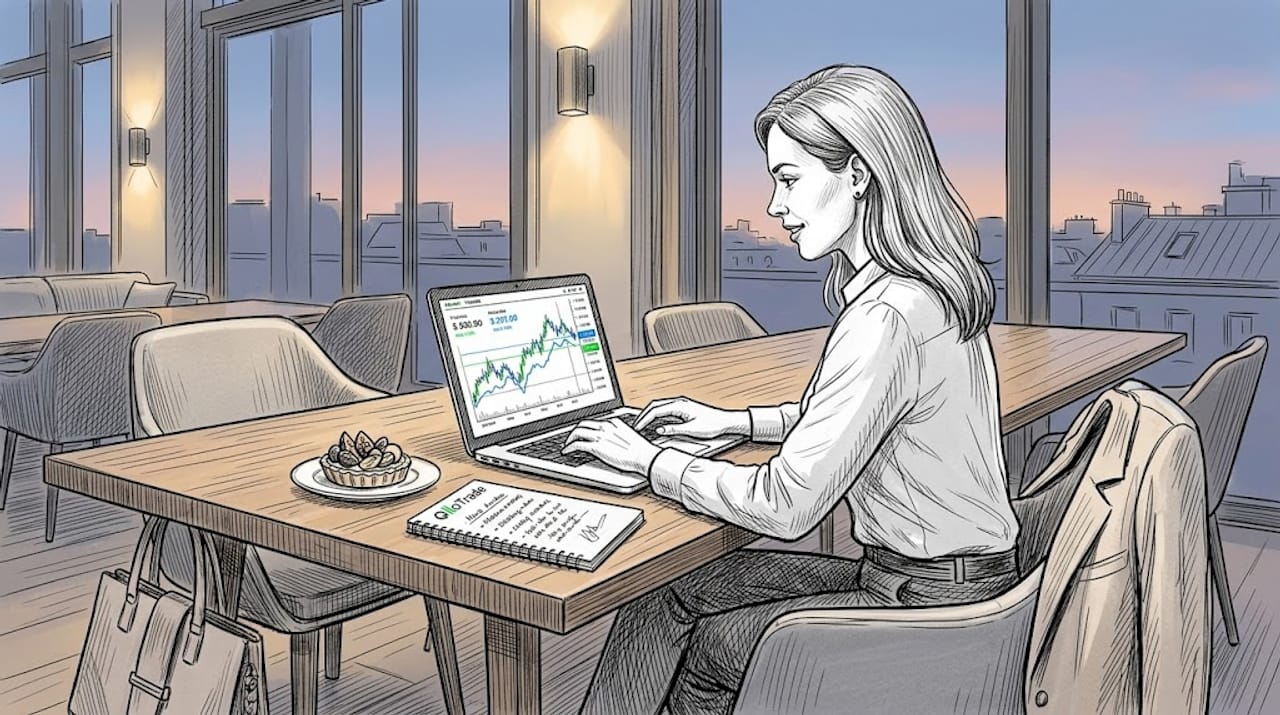 Analyst researches market trends at café window