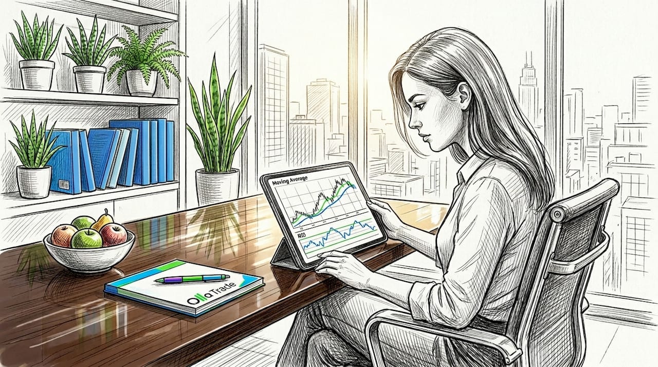 Trader reviewing technical indicator charts on tablet