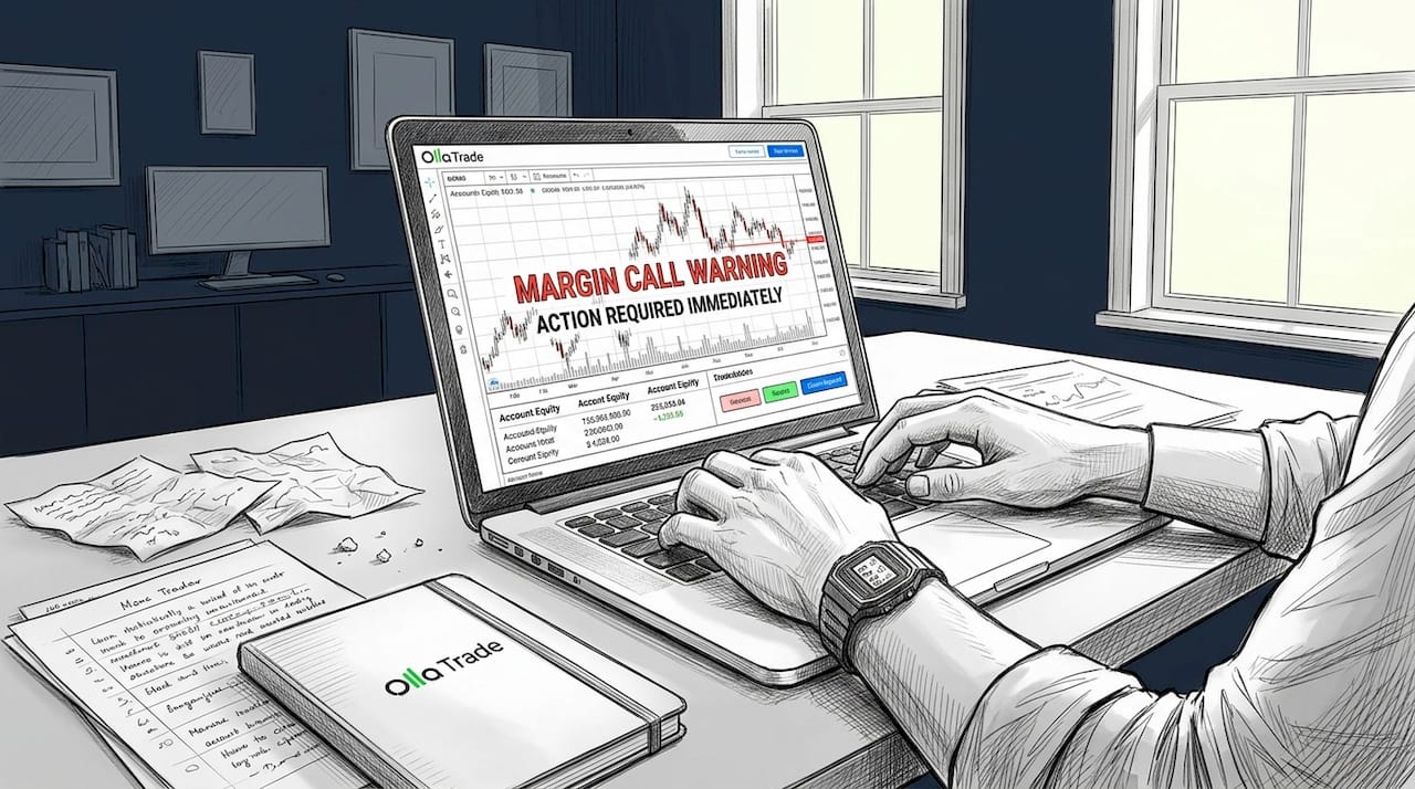 Hands typing at laptop showing margin call warning