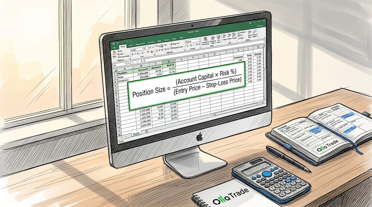 Workspace showing position sizing formula on computer screen