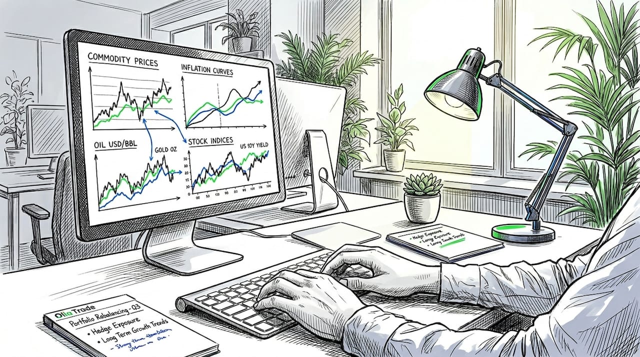 Hands working on cross-asset charts on trading desk