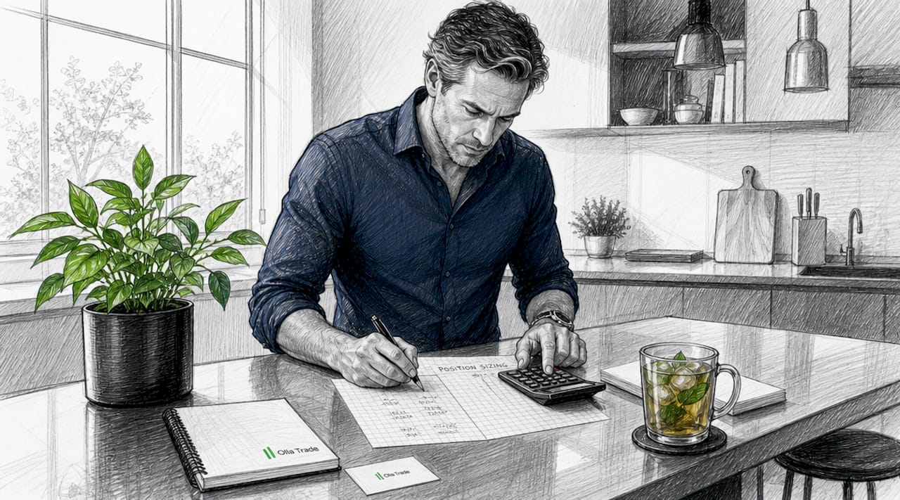 Trader calculating position sizing on paper