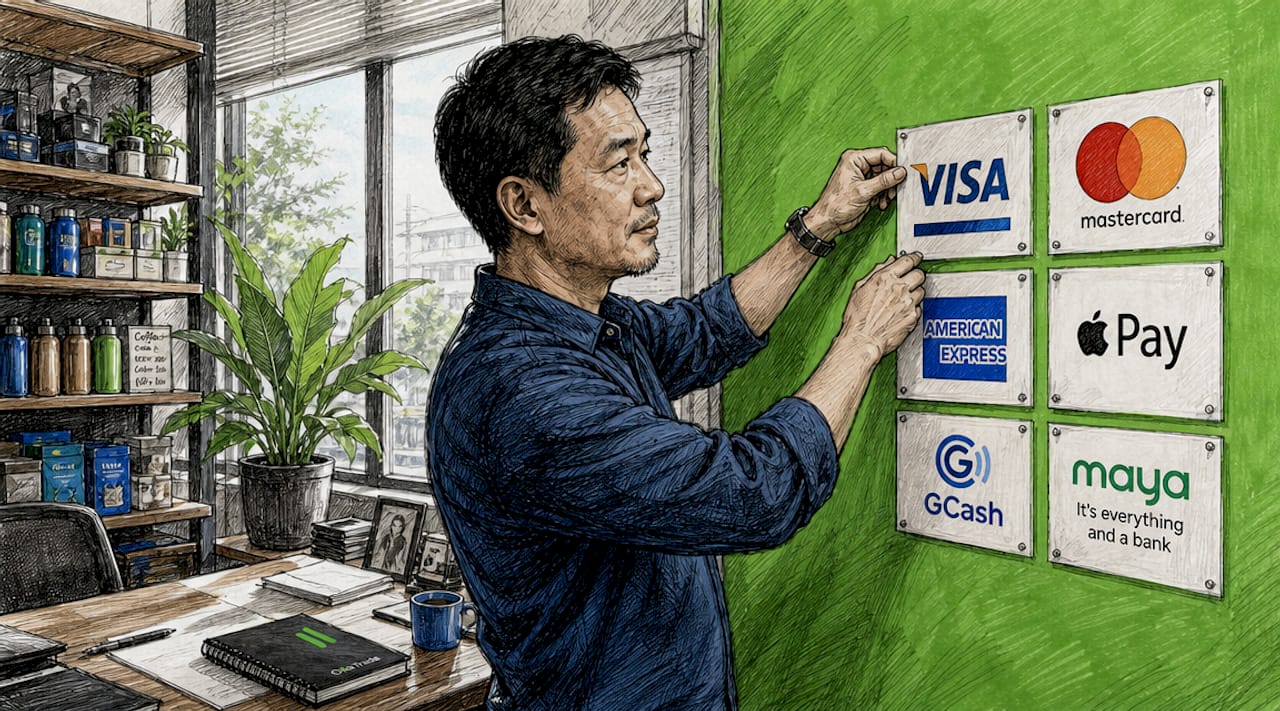 Business owner arranging payment logos in store