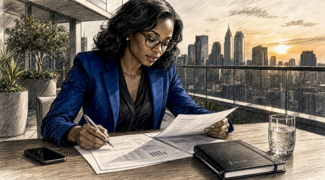 Woman reviewing brokerage documents in office