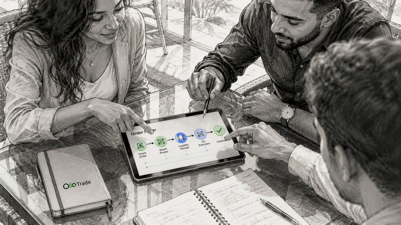 Diverse team analyzing order execution steps at meeting table