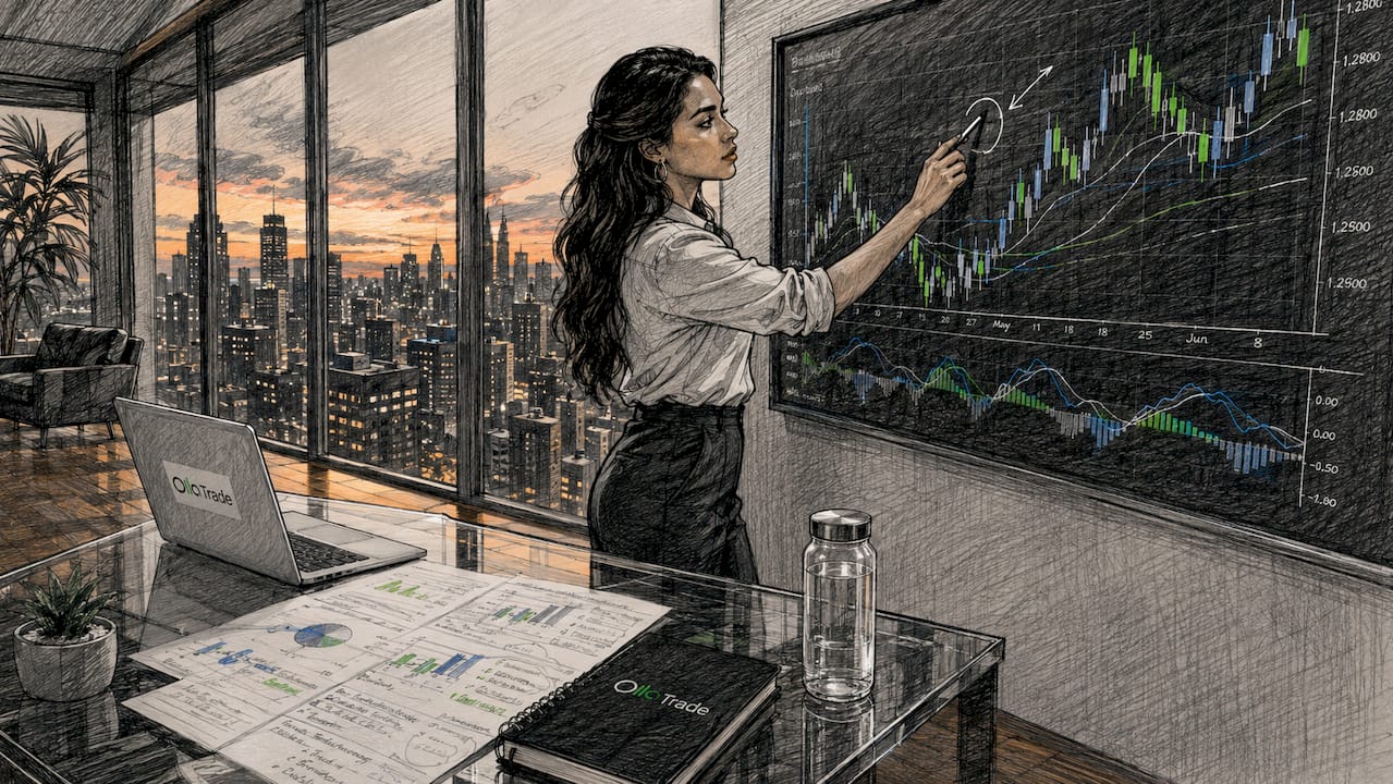 Analyst pointing at financial charts on large screen