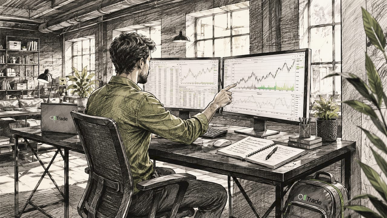 Analyst hands working with dual screens and notes