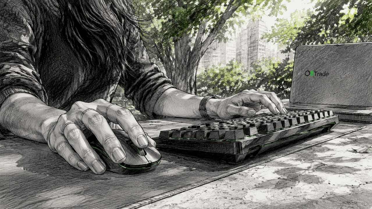 Hands typing on laptop illustrating trade order execution