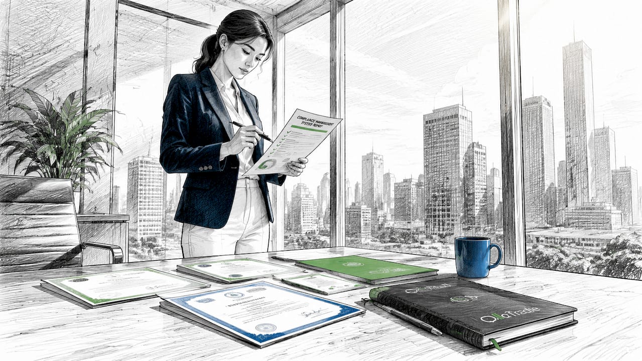 Hands holding compliance report in boardroom