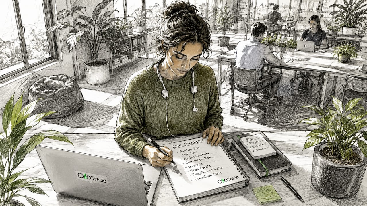 Female trader writing risk notes at desk