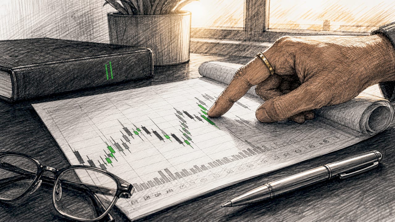 Close-up of hand pointing to candlestick chart