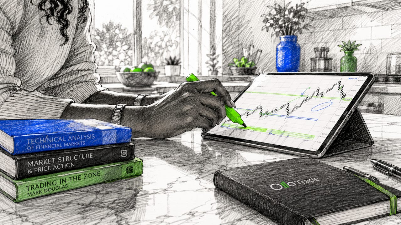 Hands annotating trading charts at café table
