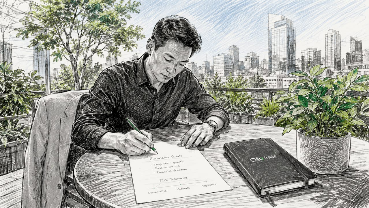 Hands writing financial goals on paper at office desk