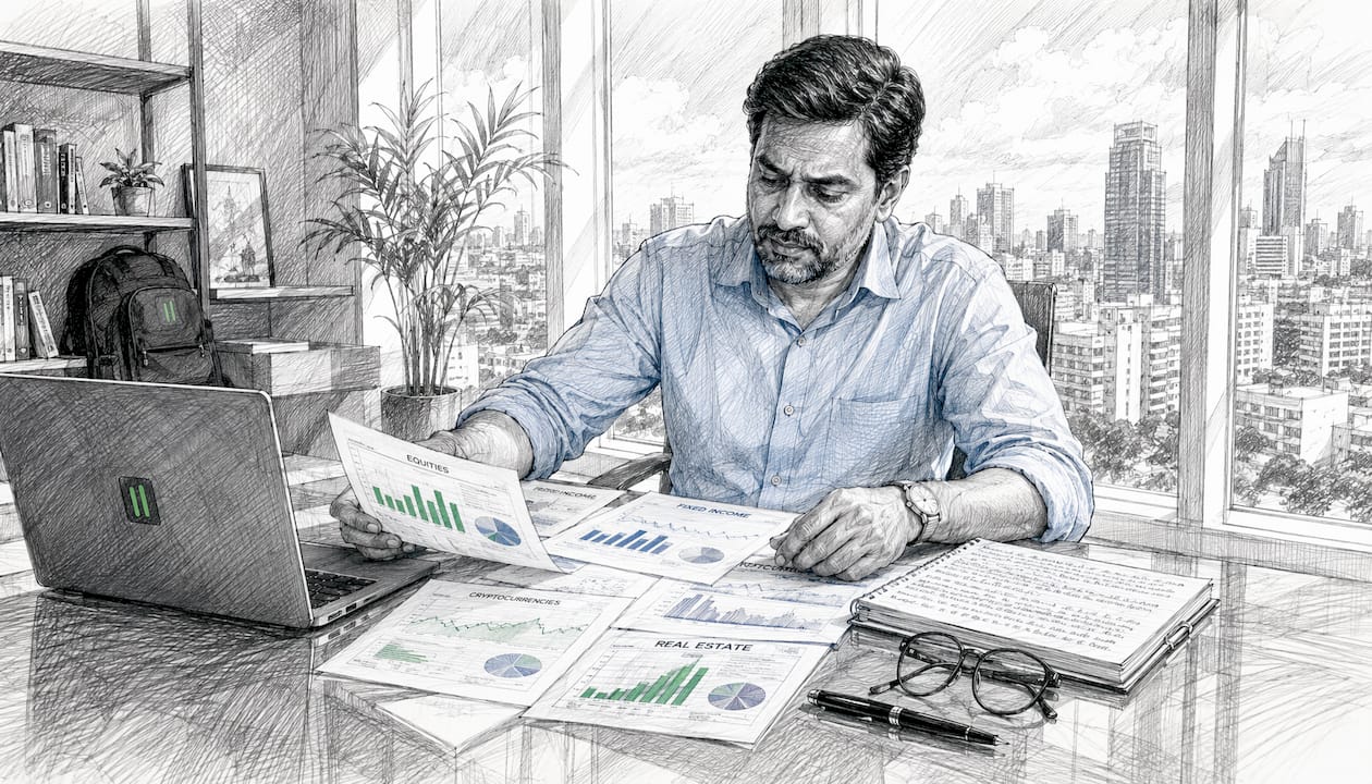Hands sorting asset allocation charts on desk