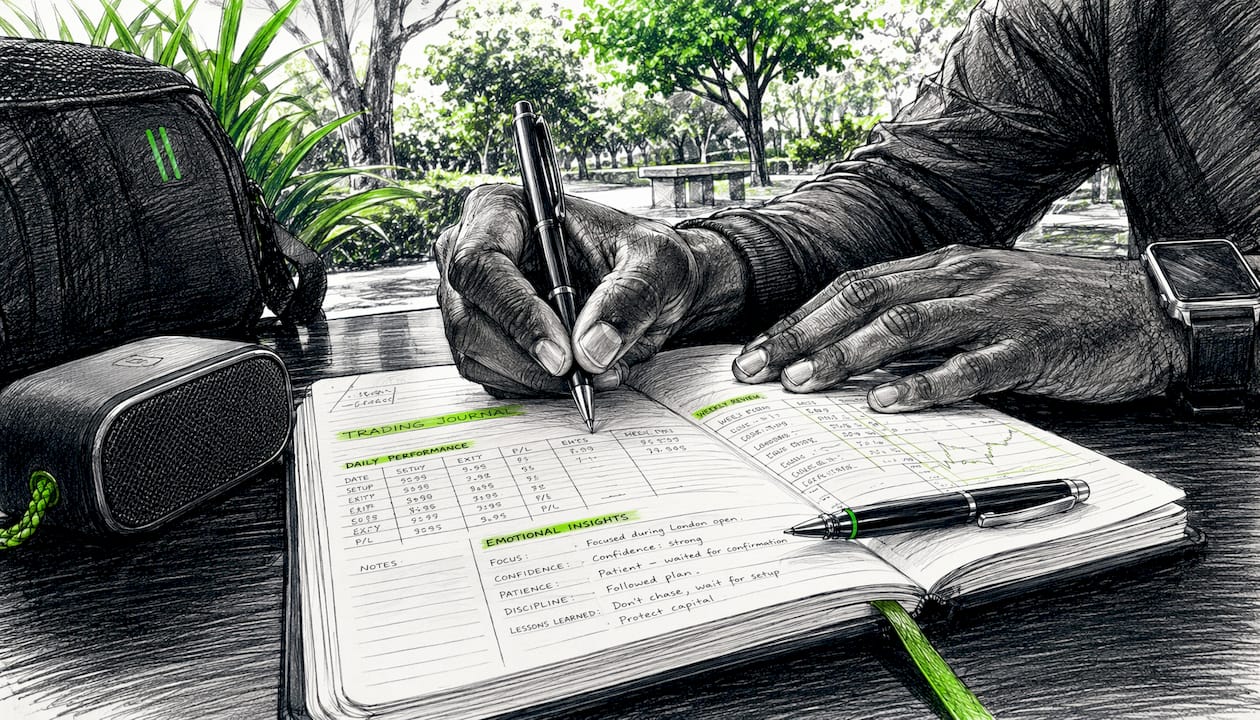 Hands writing in trading journal close-up