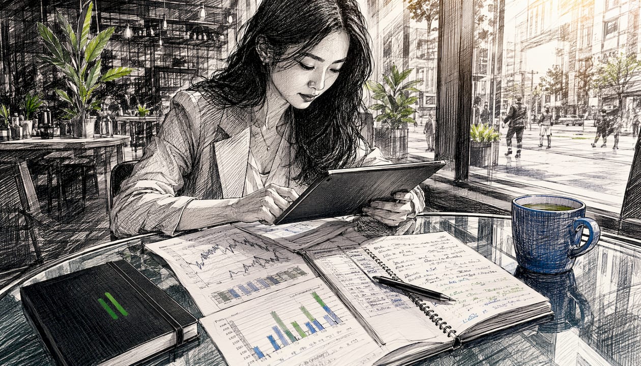 Trader reviewing charts and notes at desk