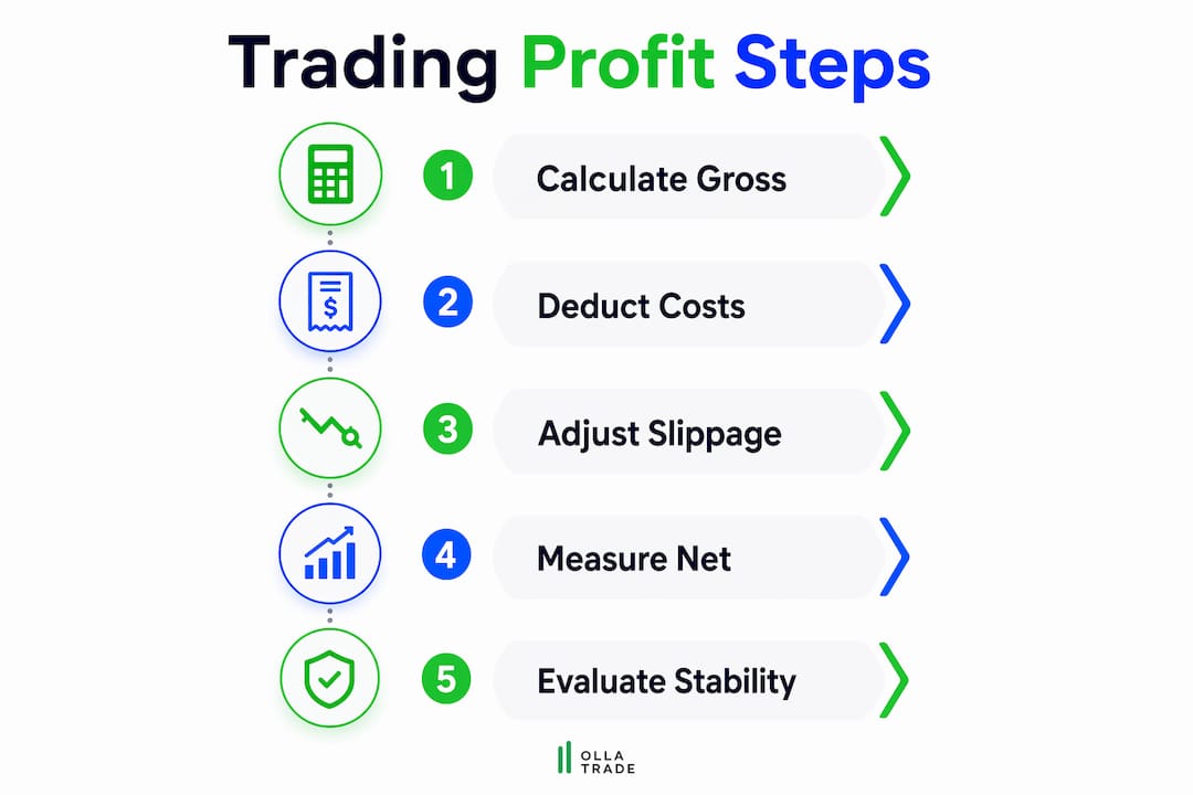 Infographic illustrating steps to measure trading profit