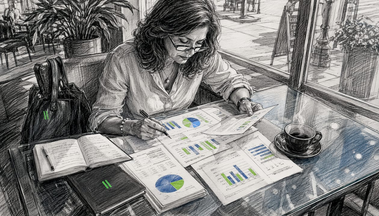 Trader reviewing profit reports at desk