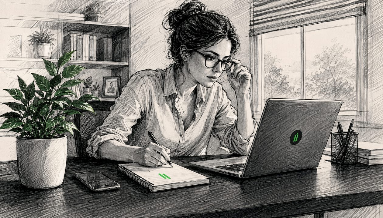 Woman working on forex trading at home desk