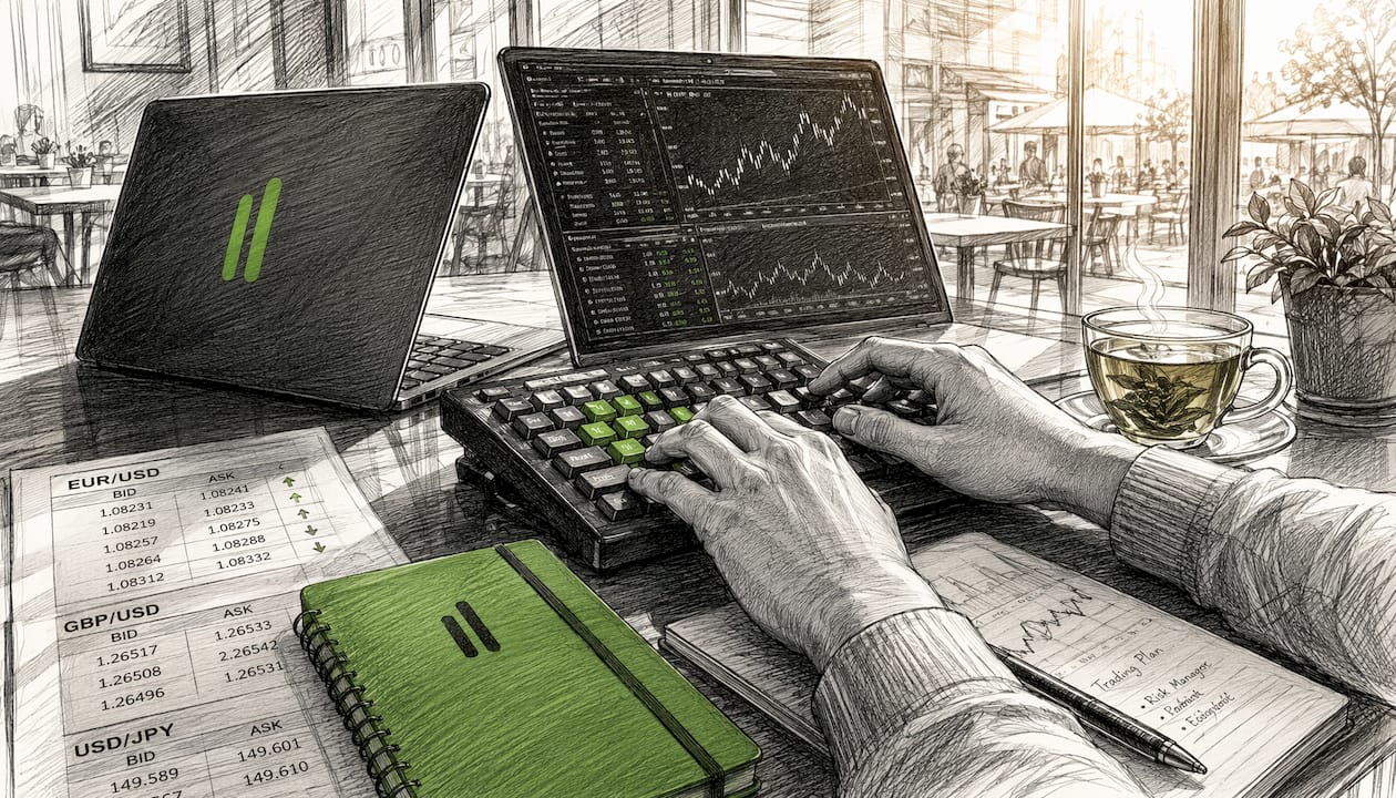 Trader's hands on keyboard with forex charts